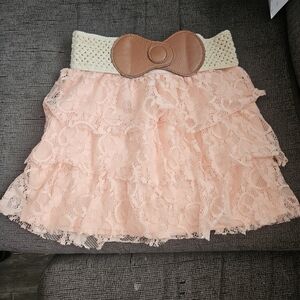 Rue21 Pink Lace Tiered Mini Skirt with Crochet Waistband and Bow